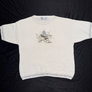 Vintage Chelsea Gardens knitted embroidered short sleeve sweater w vivid birds